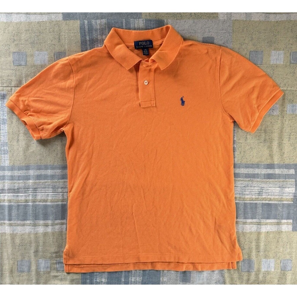 POLO Ralph Lauren Blue Logo Solid Orange Pique Polo Shirt Youth Boy Size 14-16 L